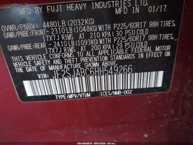 2017 Subaru Forester 2.5i მანქანა იყიდება აუქციონზე, vin: JF2SJABC6HH549266, აუქციონის ნომერი: 46005879