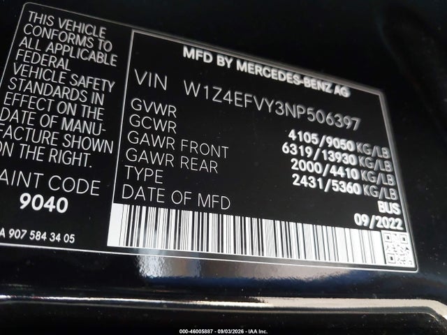 46005887 :رقم المزاد ، W1Z4EFVY3NP506397 vin ، 2022 Mercedes-benz Sprinter 2500 Standard Roof V6 مزاد بيع
