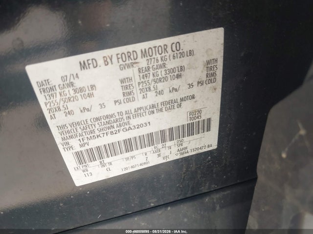 46005895 :رقم المزاد ، 1FM5K7F82FGA32031 vin ، 2015 Ford Explorer Limited مزاد بيع