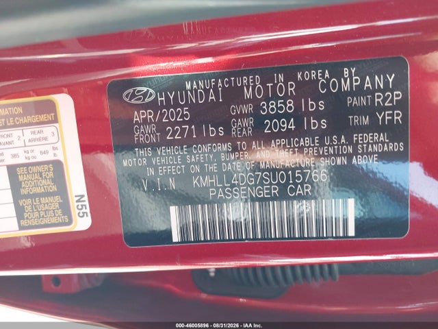 Продажа на аукционе авто 2025 Hyundai Elantra Se, vin: KMHLL4DG7SU015766, номер лота: 46005896