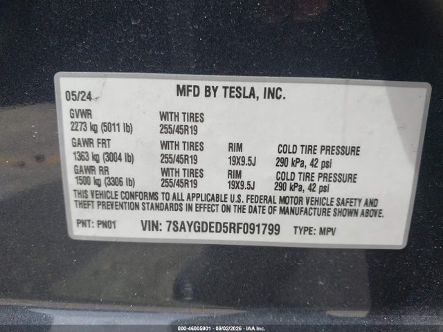 Продаж на аукціоні авто 2024 Tesla Model Y Long Range Single Motor Rear-wheel Drive/rwd, vin: 7SAYGDED5RF091799, номер лоту: 46005901
