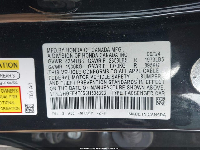 46005902 :رقم المزاد ، 2HGFE4F85SH308393 vin ، 2025 Honda Civic Hybrid Sport/sport Touring مزاد بيع