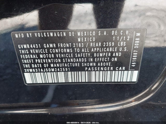 Продажа на аукционе авто 2013 Volkswagen Jetta Hybrid Se, vin: 3VW637AJ5DM242591, номер лота: 46005914