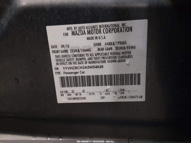 Aukcja sprzedaży 2010 Mazda Mazda6 I Touring, vin: 1YVHZ8CH3A5M54928, numer aukcji: 46005917
