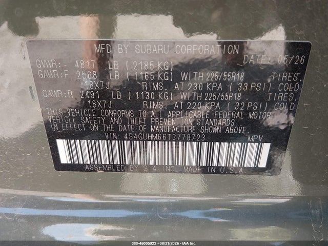 46005922 :رقم المزاد ، 4S4GUHM66T3778723 vin ، 2026 Subaru Crosstrek مزاد بيع