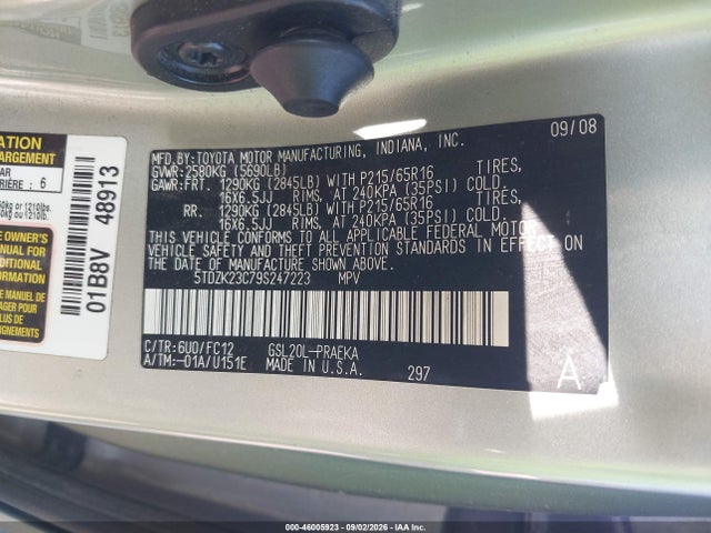 Auction sale of the 2009 Toyota Sienna Le, vin: 5TDZK23C79S247223, lot number: 46005923