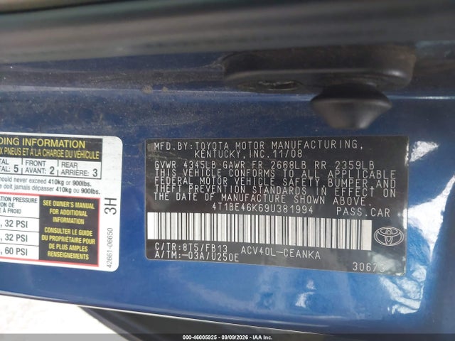 Продаж на аукціоні авто 2009 Toyota Camry Le, vin: 4T1BE46K69U381994, номер лоту: 46005925