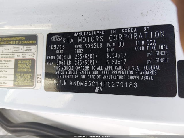 46005927 :رقم المزاد ، KNDMB5C14H6279183 vin ، 2017 Kia Sedona Lx مزاد بيع