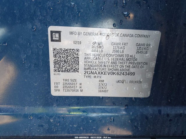 Продажа на аукционе авто 2019 Chevrolet Equinox Lt, vin: 2GNAXKEV0K6243499, номер лота: 46005928