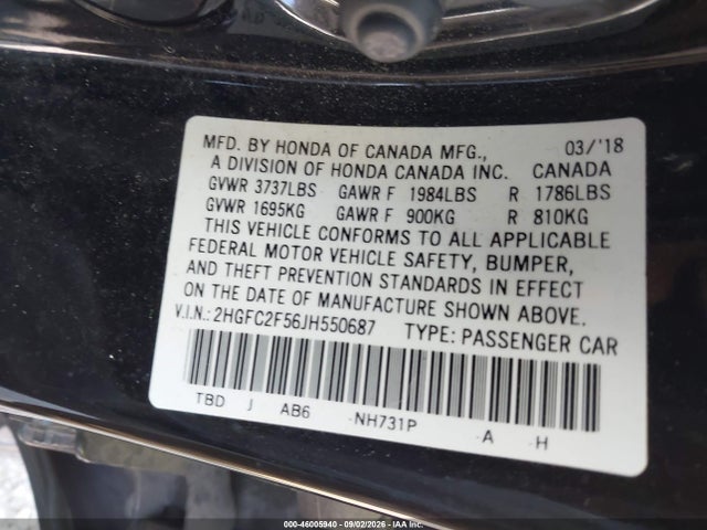 Aukcja sprzedaży 2018 Honda Civic Lx, vin: 2HGFC2F56JH550687, numer aukcji: 46005940