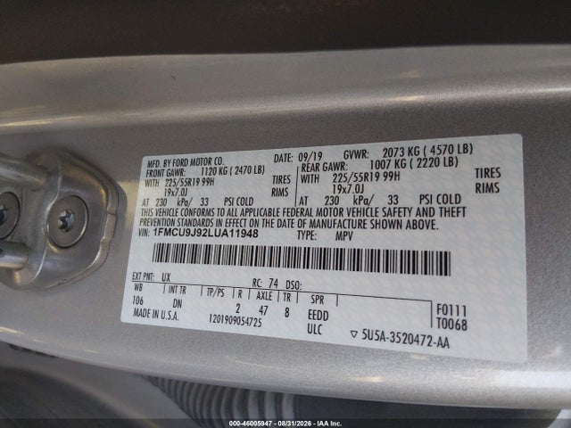 Продаж на аукціоні авто 2020 Ford Escape Titanium, vin: 1FMCU9J92LUA11948, номер лоту: 46005947