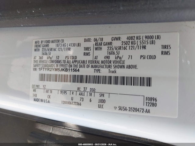 Продажа на аукционе авто 2018 Ford Transit-250, vin: 1FTYR2YM5JKB11564, номер лота: 46005953