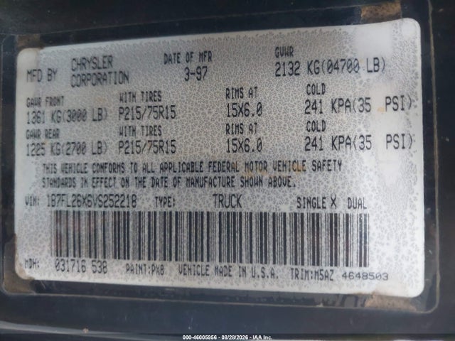 Aukcja sprzedaży 1997 Dodge Dakota Slt/sport, vin: 1B7FL26X6VS252218, numer aukcji: 46005956