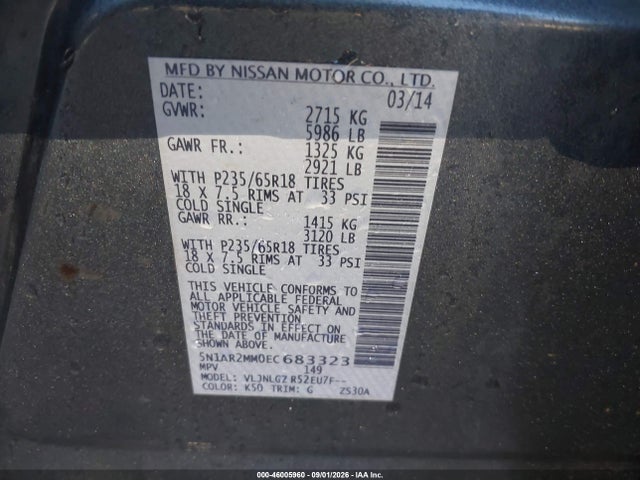 Продаж на аукціоні авто 2014 Nissan Pathfinder Sl, vin: 5N1AR2MM0EC683323, номер лоту: 46005960