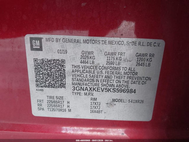 Aukcja sprzedaży 2019 Chevrolet Equinox Lt, vin: 3GNAXKEV5KS596984, numer aukcji: 46005969