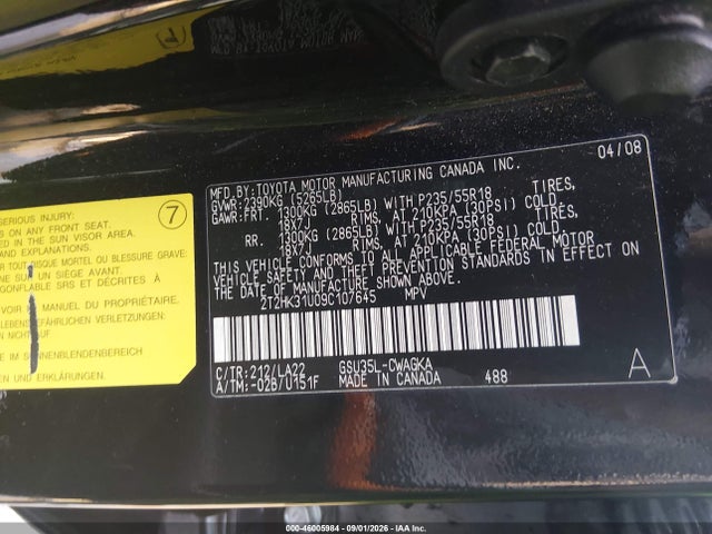 46005984 :رقم المزاد ، 2T2HK31U09C107645 vin ، 2009 Lexus Rx 350 مزاد بيع