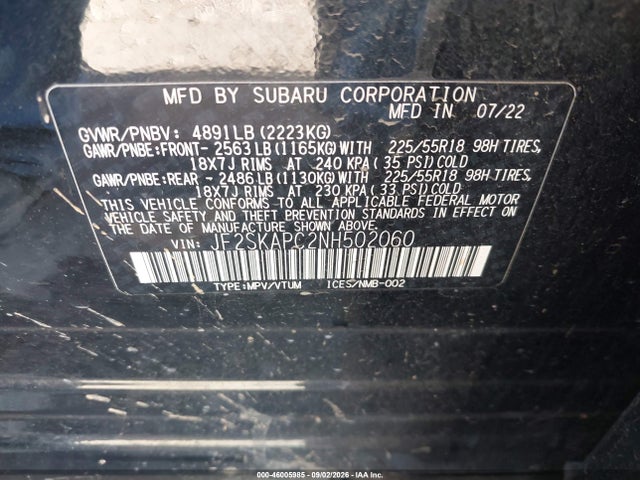 Aukcja sprzedaży 2022 Subaru Forester Limited, vin: JF2SKAPC2NH502060, numer aukcji: 46005985
