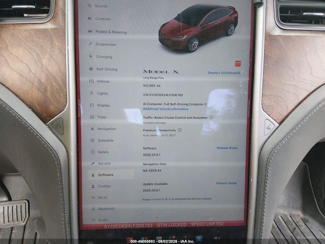 46005992 :رقم المزاد ، 5YJXCDE24LF306793 vin ، 2020 Tesla Model X Long Range Dual Motor All-wheel Drive/long Range Plus Dual Motor All-wheel Drive مزاد بيع