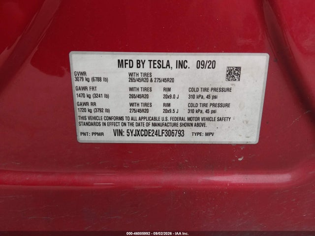 46005992 :رقم المزاد ، 5YJXCDE24LF306793 vin ، 2020 Tesla Model X Long Range Dual Motor All-wheel Drive/long Range Plus Dual Motor All-wheel Drive مزاد بيع