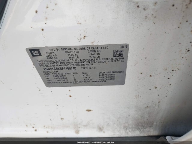 46006002 :رقم المزاد ، 2GNALCEK5F1169748 vin ، 2015 Chevrolet Equinox 2lt مزاد بيع