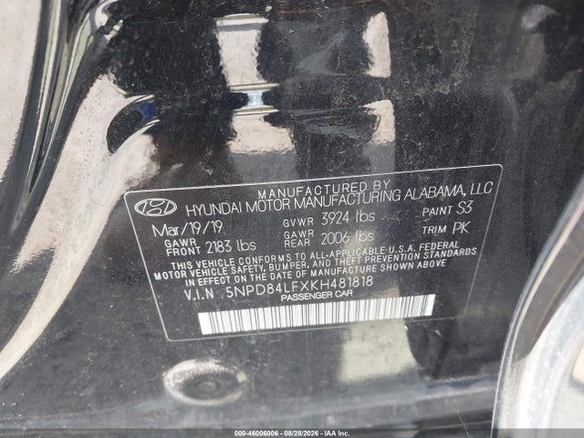Aukcja sprzedaży 2019 Hyundai Elantra Sel, vin: 5NPD84LFXKH481818, numer aukcji: 46006006