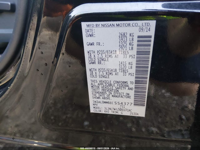 Продажа на аукционе авто 2014 Infiniti Qx60, vin: 5N1AL0MM6EC554377, номер лота: 46006015