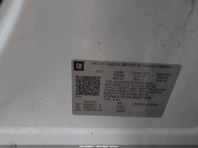 46006017 :رقم المزاد ، 2GNAXJEV4J6347308 vin ، 2018 Chevrolet Equinox Lt مزاد بيع