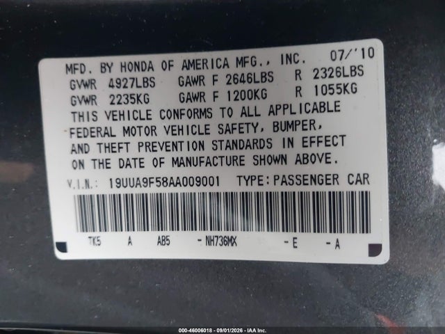 2010 Acura Tl 3.7 მანქანა იყიდება აუქციონზე, vin: 19UUA9F58AA009001, აუქციონის ნომერი: 46006018