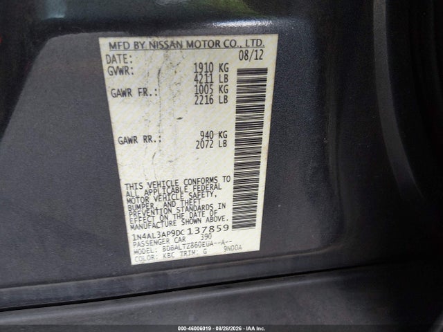 Продаж на аукціоні авто 2013 Nissan Altima 2.5 Sv, vin: 1N4AL3AP9DC137859, номер лоту: 46006019