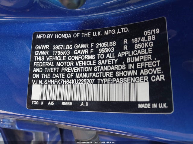 SHHFK7H64KU225207 Honda CIVIC EX