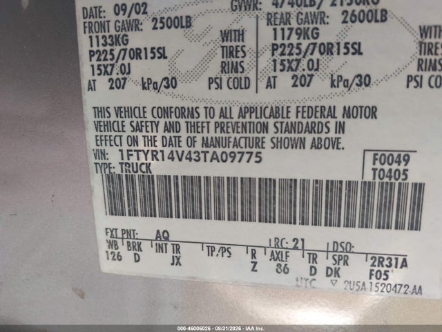 46006026 :رقم المزاد ، 1FTYR14V43TA09775 vin ، 2003 Ford Ranger Edge/tremor/xl/xlt مزاد بيع