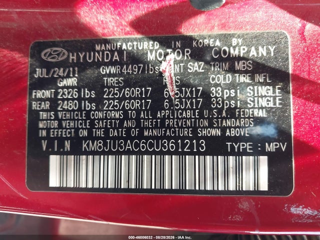 Aukcja sprzedaży 2012 Hyundai Tucson Gls, vin: KM8JU3AC6CU361213, numer aukcji: 46006032