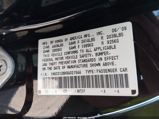 Продаж на аукціоні авто 2009 Honda Accord 2.4 Ex-l, vin: 1HGCS128X9A021544, номер лоту: 46006038