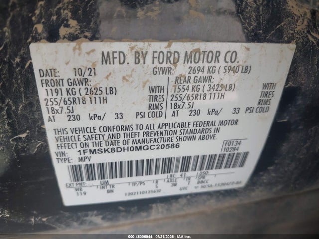 Продаж на аукціоні авто 2021 Ford Explorer Xlt, vin: 1FMSK8DH0MGC20586, номер лоту: 46006044