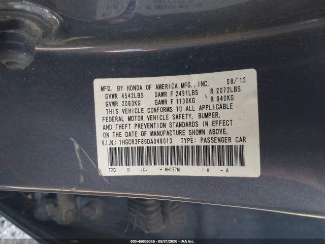 Aukcja sprzedaży 2013 Honda Accord Ex-l V-6, vin: 1HGCR3F86DA049013, numer aukcji: 46006046
