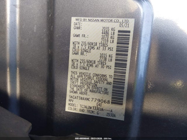 46006048 :رقم المزاد ، 5N1AT3BAXMC779068 vin ، 2021 Nissan Rogue Sv Fwd مزاد بيع