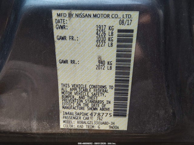 2017 Nissan Altima 2.5 S მანქანა იყიდება აუქციონზე, vin: 1N4AL3AP1HC478775, აუქციონის ნომერი: 46006052