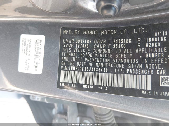 Auction sale of the 2018 Honda Civic Ex-t, vin: JHMFC1F35JX033480, lot number: 46006062