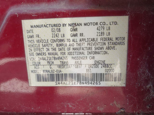 Продажа на аукционе авто 2008 Nissan Altima 2.5 S, vin: 1N4AL21E78N494265, номер лота: 46006068