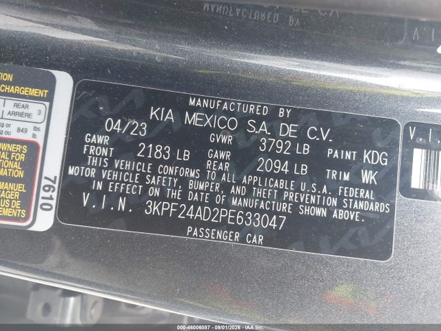 2023 Kia Forte Lxs მანქანა იყიდება აუქციონზე, vin: 3KPF24AD2PE633047, აუქციონის ნომერი: 46006087