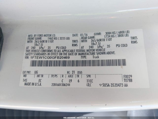 Продажа на аукционе авто 2016 Ford F-150 Lariat, vin: 1FTEW1CG0GFB20469, номер лота: 46006096