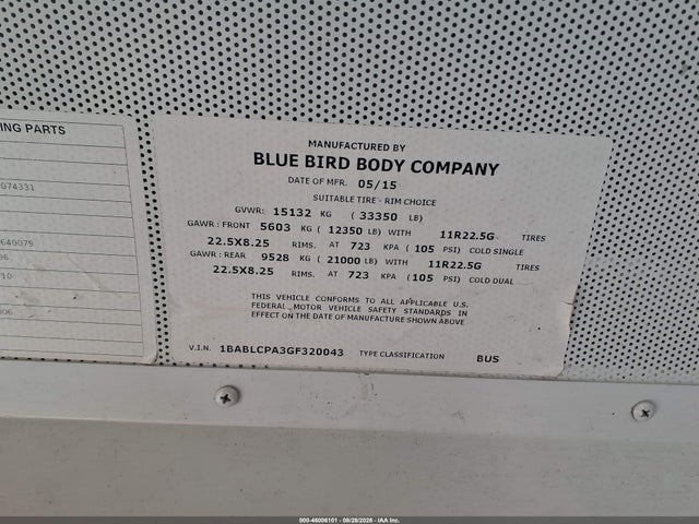 Продаж на аукціоні авто 2016 Blue Bird School Bus / Transit Bus, vin: 1BABLCPA3GF320043, номер лоту: 46006101