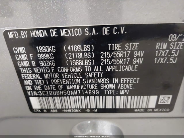 Продаж на аукціоні авто 2022 Honda Hr-v Awd Ex, vin: 3CZRU6H50NM714899, номер лоту: 46006104