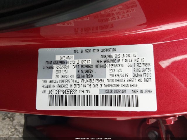 46006107 :رقم المزاد ، JM3TCBEY8M0536321 vin ، 2021 Mazda Cx-9 Signature مزاد بيع