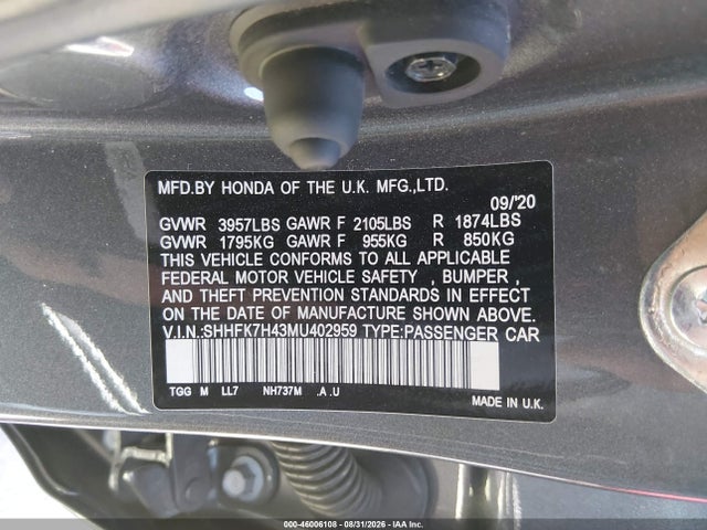 Продаж на аукціоні авто 2021 Honda Civic Sport, vin: SHHFK7H43MU402959, номер лоту: 46006108