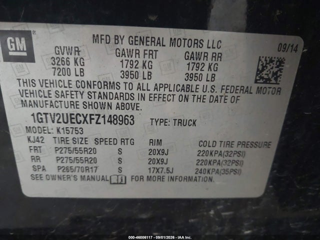 Aukcja sprzedaży 2015 Gmc Sierra 1500 Sle, vin: 1GTV2UECXFZ148963, numer aukcji: 46006117