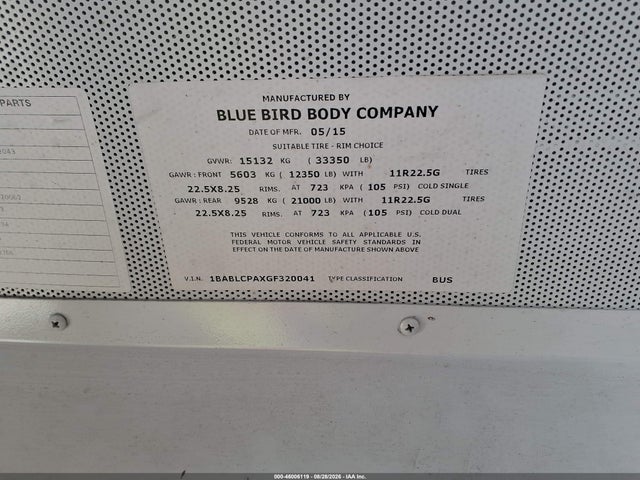 46006119 :رقم المزاد ، 1BABLCPAXGF320041 vin ، 2016 Blue Bird School Bus / Transit Bus مزاد بيع