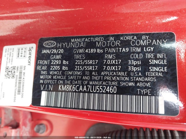Продажа на аукционе авто 2020 Hyundai Kona Sel Plus, vin: KM8K6CAA7LU552460, номер лота: 46006118