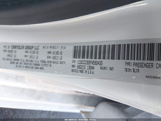 2015 Chrysler 200 C მანქანა იყიდება აუქციონზე, vin: 1C3CCCCB3FN592433, აუქციონის ნომერი: 46006120