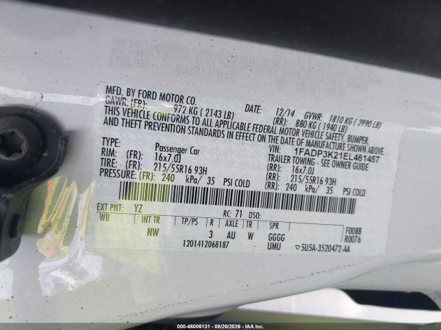 2014 Ford Focus Se მანქანა იყიდება აუქციონზე, vin: 1FADP3K21EL461457, აუქციონის ნომერი: 46006131